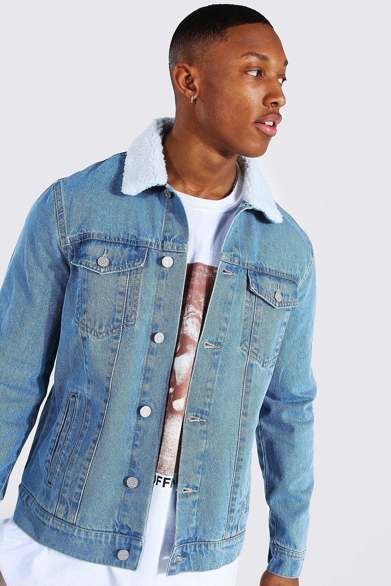 Veste en jean coupe droite col imitation peau de mouton boohoo